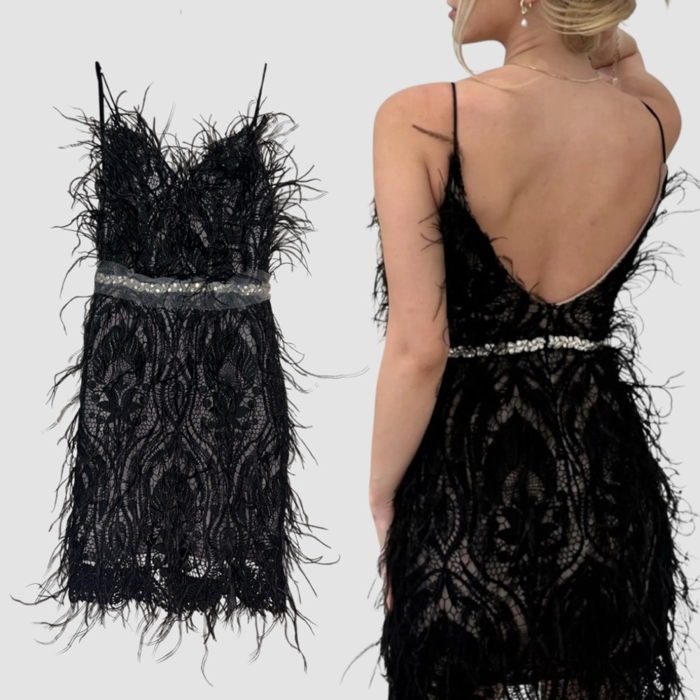 Mia Bella Couture Mini Dress, Black Lace with Feathers and Crystal Belt, Sz 0